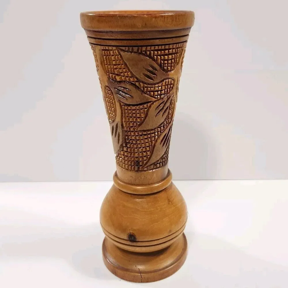 Hand Carved Wooden Vase Vessel Floral Leaf Design Bohemian Style, Boho Tiki